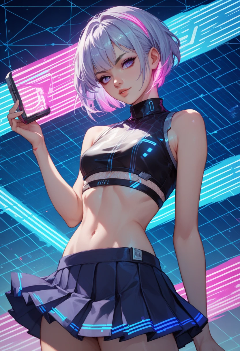Woman 30 years (Margot Robbie pov), dancing, short white hair, sidecut hair, tight sexy white swinsuit, low-cut, cibernetic accessories, black tight shorts, no vra, beautiful face, super detail eyes, perfect eyes, medium breasts, wet and soft, close, sensual pose, fiery and lascivious wanting more, view from back, nice thighs, head turned to look at viewer, perfect hands, blue eyes, purple lipstick, wet skin, butt, neon lights, cyberpunk, cyberpunk neon nighttime scenarium