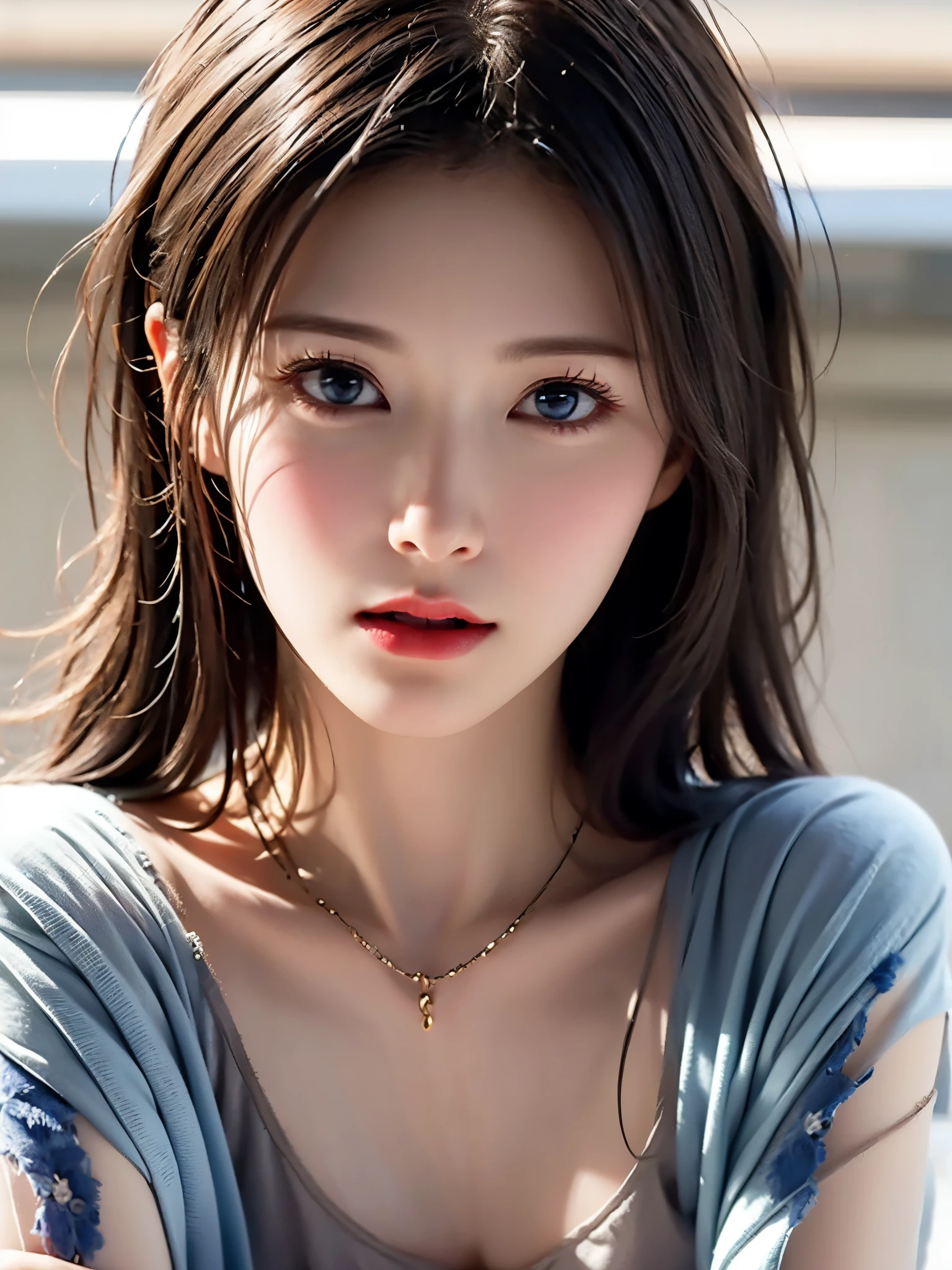  portrait、Realistic、Elegant mature women、 blue eyes、 shiny hair、 camisole 、bedroom、Beautiful breasts, 4K resolution、 High Quality CG、Beautiful CG、Soft light