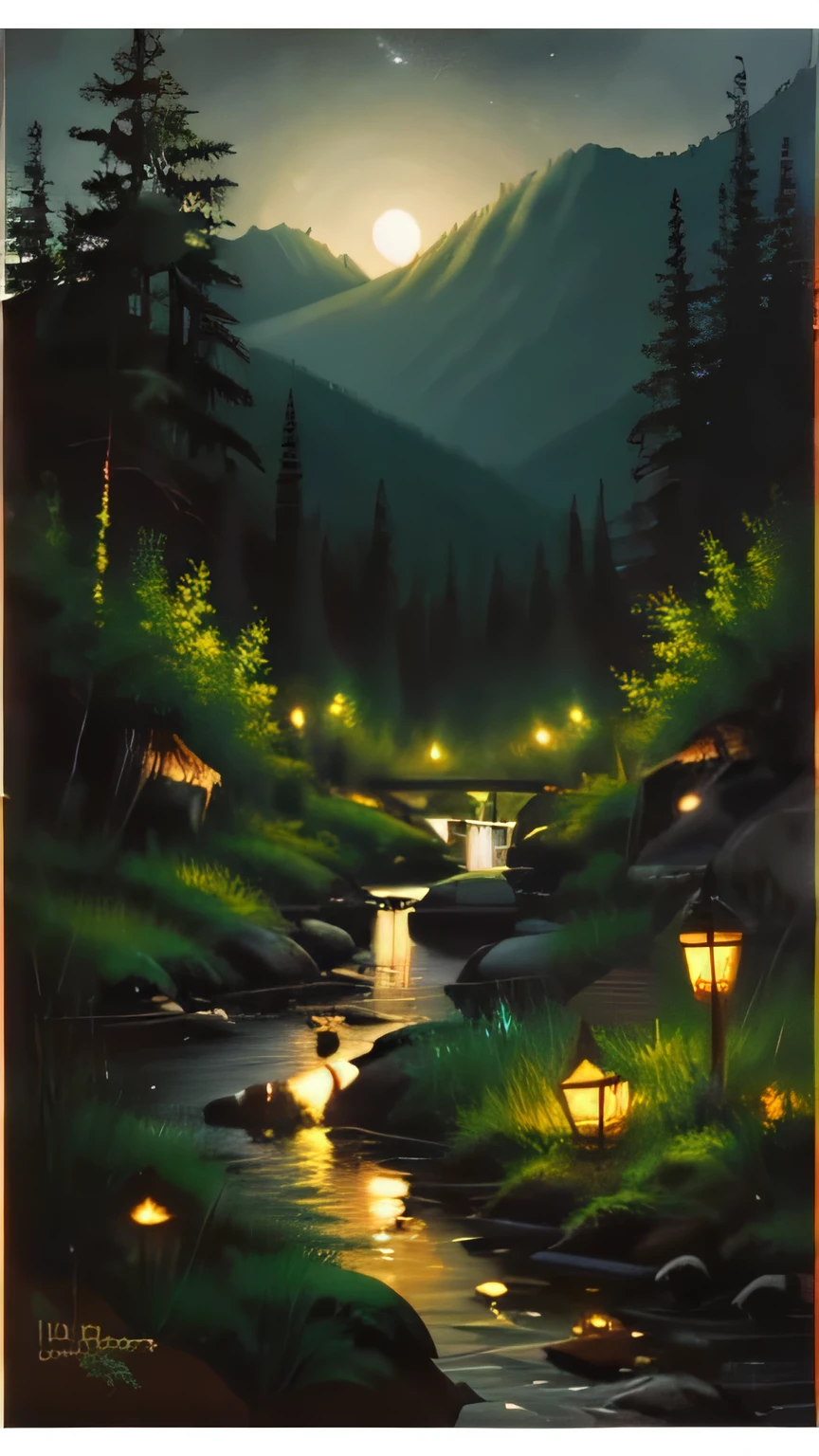 Oil painting dark at night forest and mountain, Chinese manhua style