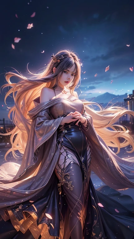 (    best quality, Realistic, photo-Realistic:1.37),     bright color , Smooth curves,      soft writing,  Anime Style, Long flowing hair, Beautiful eyes and lips,   vision  ,    Black A Line Dress,    Night Cherry Blossom Background  ,     Dreamy Atmosphere .Slowly Walking Multi View   ,    widescreen , far and near method,  Backlight , 