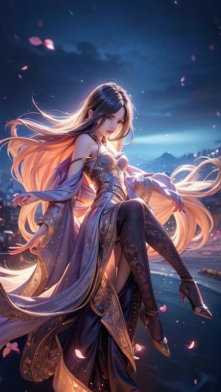 (    best quality, Realistic, photo-Realistic:1.37),     bright color , Smooth curves,      soft writing,  Anime Style, Long flowing hair, Beautiful eyes and lips,   vision  ,    Black A Line Dress,    Night Cherry Blossom Background  ,     Dreamy Atmosphere .Slowly Walking Multi View   ,    widescreen , far and near method,  Backlight , 