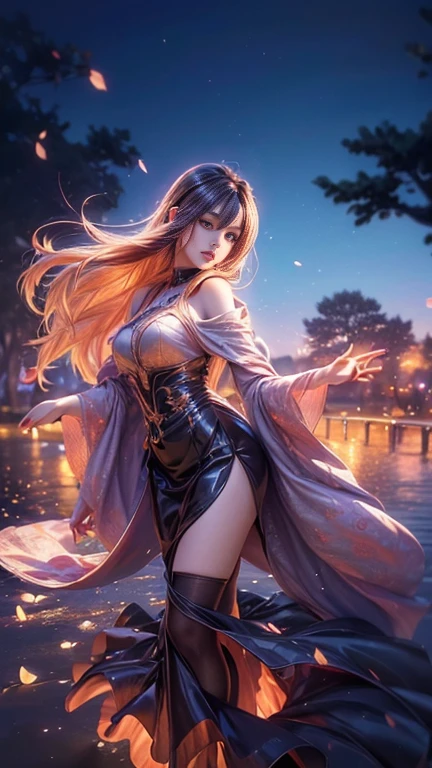 (    best quality, Realistic, photo-Realistic:1.37),     bright color , Smooth curves,      soft writing,  Anime Style, Long flowing hair, Beautiful eyes and lips,   vision  ,    Black A Line Dress,    Night Cherry Blossom Background  ,     Dreamy Atmosphere .Slowly Walking Multi View   ,    widescreen , far and near method,  Backlight , 