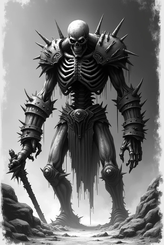 Black and white illustration of a Draugr in full, towering form, standing tall with its skeletal frame exposed beneath tattered, decaying armor. Its glowing, undead eyes pierce through the darkness, and its hands grip an ancient, rusted weapon. The body is covered in rotting flesh and scars, with rough, jagged lines and sketchy textures adding to the raw, gritty style. The image captures the Draugr’s full presence—terrifying, cursed, and otherworldly