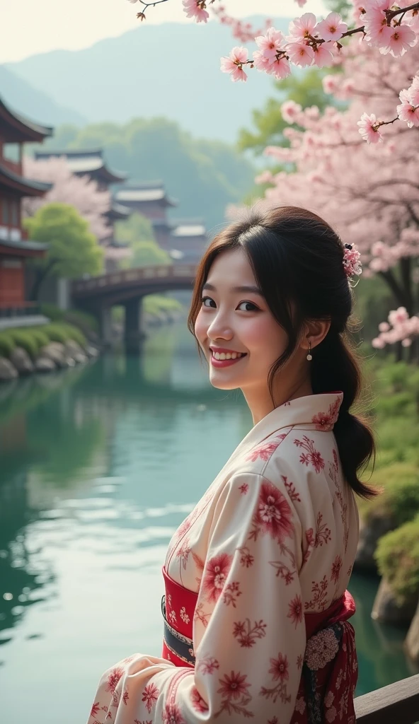 Smiling Asian woman ， The background is a river in Kyoto