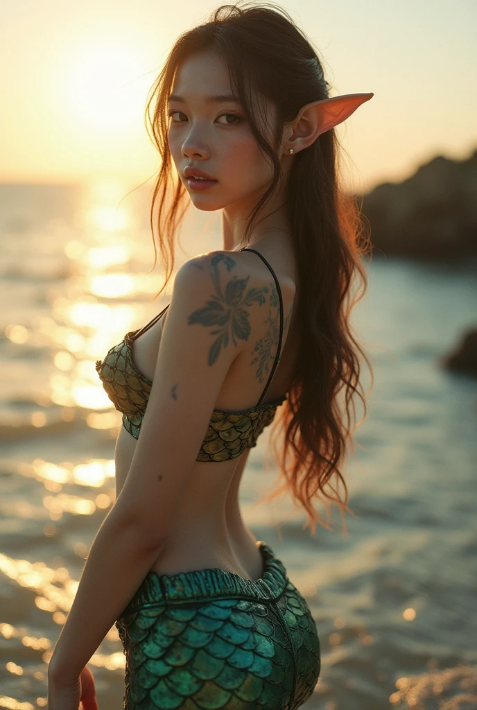(8k), (highest quality), (best details)full body portrait、Beautiful Scandinavian girl lying on the rocks at the coast、Summer evening landscape、Completely naked、red hair、Green Eyes、Clear skies、tattoo