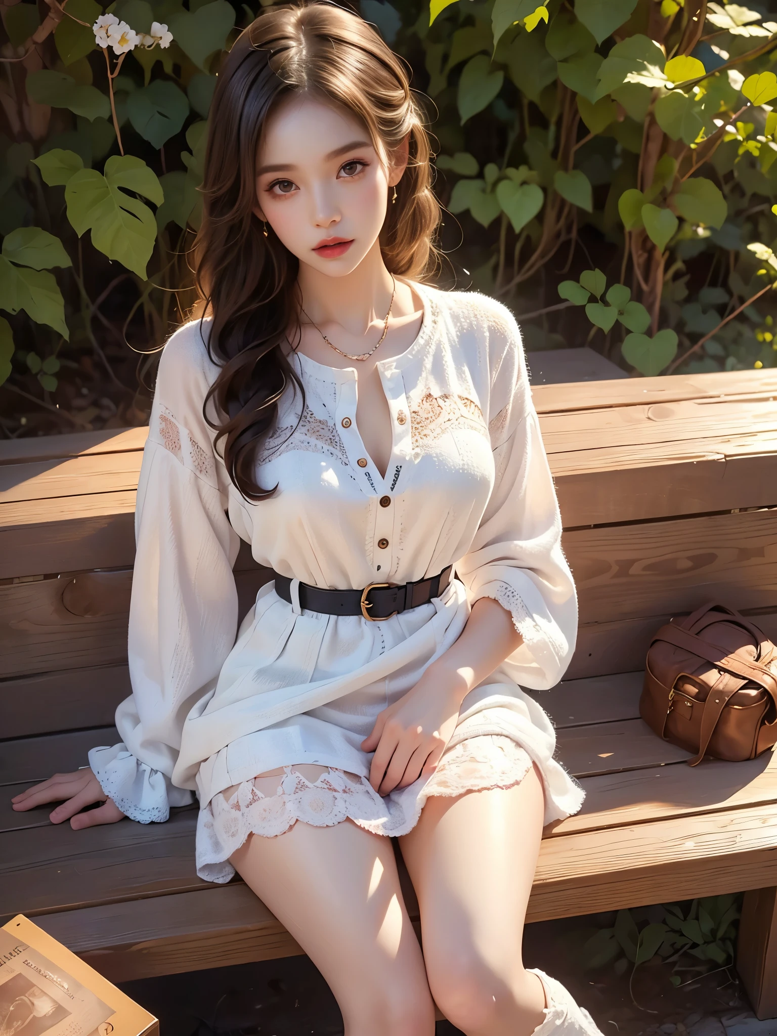 ((full body)), ((from above)), a crochet school girl in a crochet uniform, crochet miniskirt, crochet tie, crochet shirt, boots, thighhighs, natural sitting pose, upper body leaning back, elbow supporting body, leaning against the ground, detailed face, beautiful detailed eyes, beautiful detailed lips, extremely detailed facial features, long eyelashes, photorealistic, 8k, ultra-detailed, realistic, masterpiece, vibrant colors, cinematic lighting, detailed background, intricate crochet textures