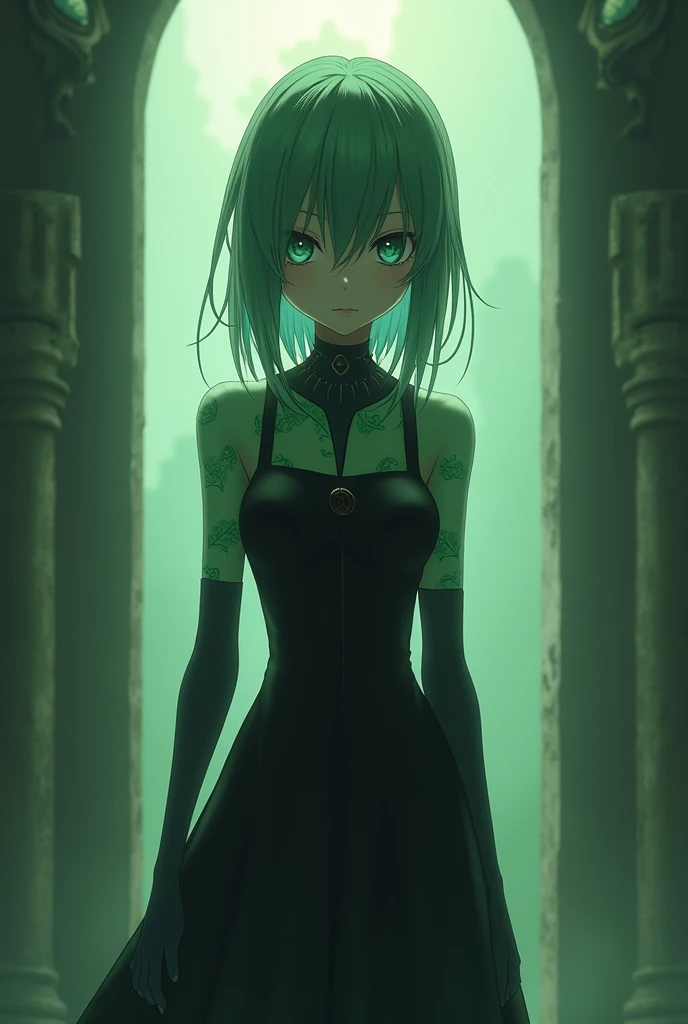 realistic, 1girl, fubuki, green hair, fubuki do anime one punch man,black gown, short dress, looking forward