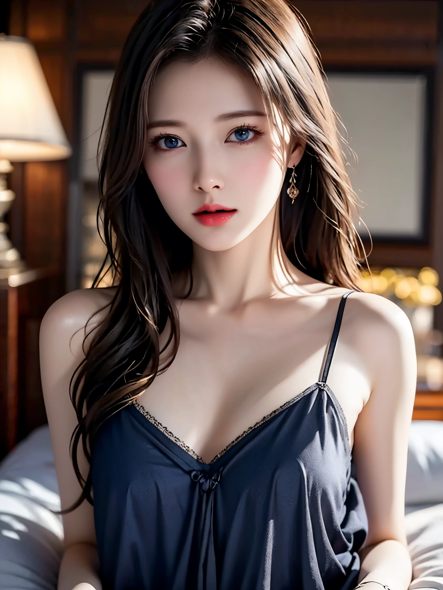  portrait、Realistic、Elegant mature women、 blue eyes、 shiny hair、 camisole 、bedroom、Beautiful breasts, 4K resolution、 High Quality CG、Beautiful CG、Soft light