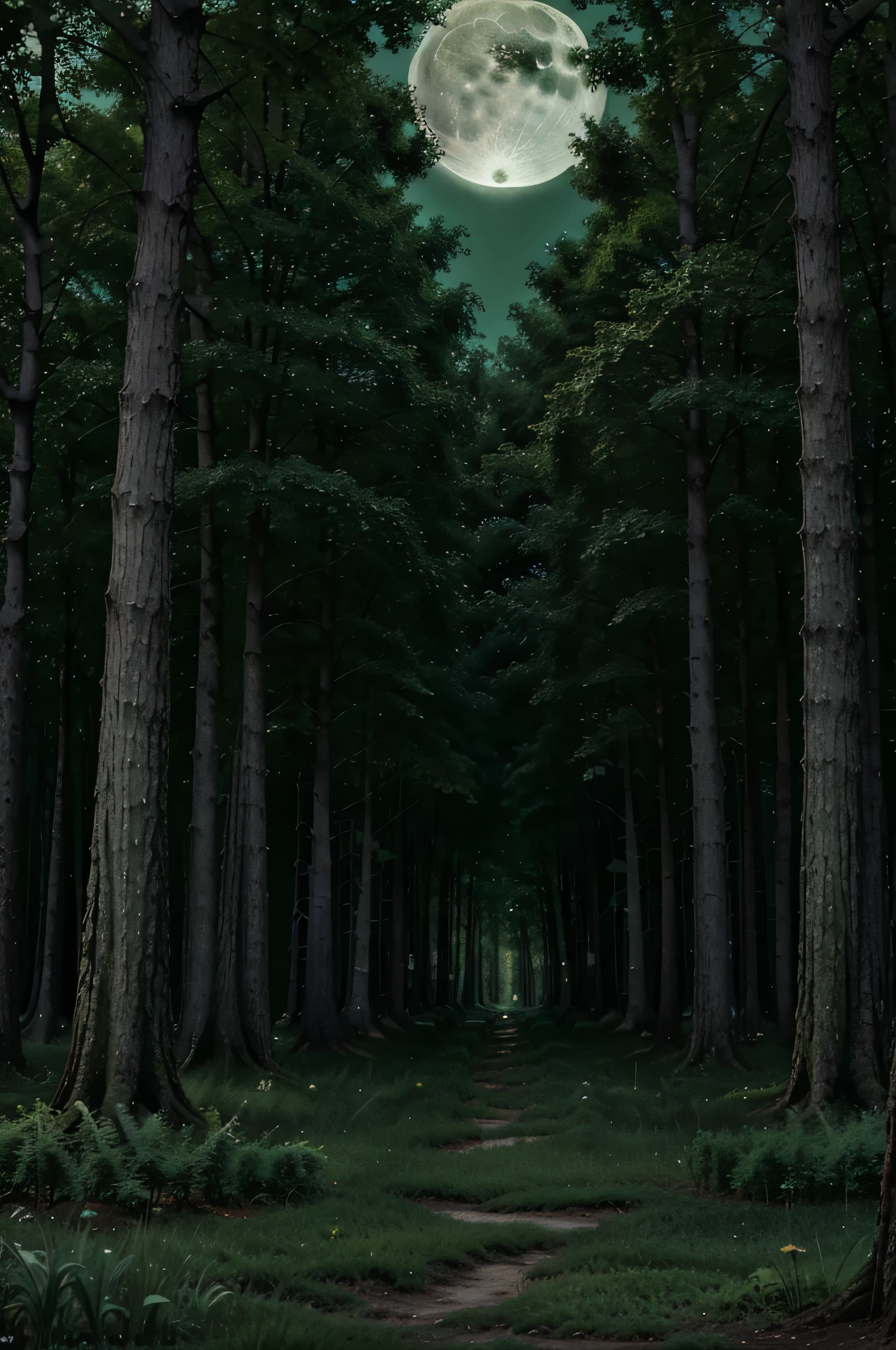 Wallpaper oak forest dark green, oil painting, at night, full moon , dominant green and green pastel colors
