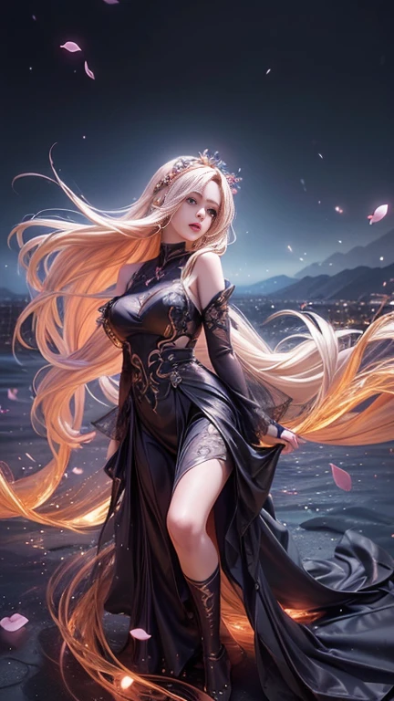 (    best quality, Realistic, photo-Realistic:1.37),     bright color , Smooth curves,      soft writing,  Anime Style, Long flowing hair, Beautiful eyes and lips,   vision  ,    Black A Line Dress,    Night Cherry Blossom Background  ,     Dreamy Atmosphere .Slowly Walking Multi View   ,    widescreen , far and near method,  Backlight , 