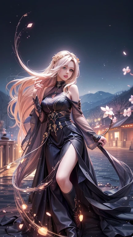 (    best quality, Realistic, photo-Realistic:1.37),     bright color , Smooth curves,      soft writing,  Anime Style, Long flowing hair, Beautiful eyes and lips,   vision  ,    Black A Line Dress,    Night Cherry Blossom Background  ,     Dreamy Atmosphere .Slowly Walking Multi View   ,    widescreen , far and near method,  Backlight , 