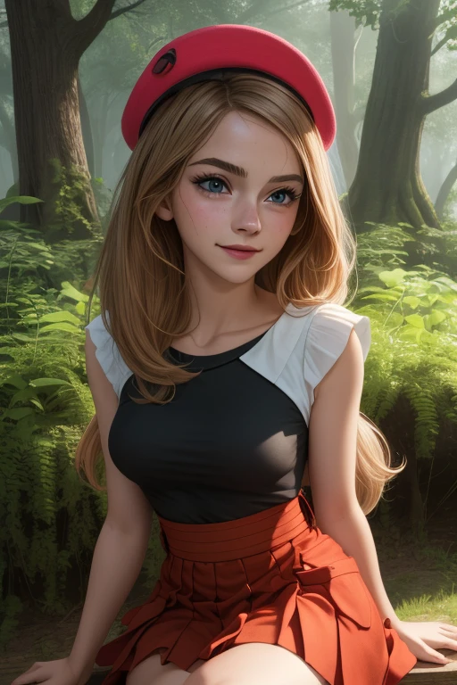 pkmnserena, Emma Watson, , Alone, blue eyes, Blonde hair, long hair, low-tied long hair, tem, pink head accessory ,
black shirt,  dress shirt, sleeveless, red skirt, high-waisted skirt, pleated skirt,  black tights ,
smile,Closed mouth,cowboy shot,sitting,
forest,open air,
( insanely detailed ,  detailed and beautiful face , masterpiece,  best quality )  Cinematic lighting,