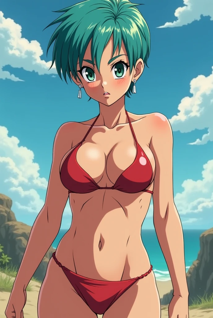 Obra maestra, La mejor calidad, highest qualityr, (perfect ilumination:1.4), (fotorrealista), Perfect anatomy, Cara perfecta, ojos perfectos,
bulmadbzreddress, Cabello Aqua, pelo corto, ojos azules, Pendientes, Bikini sexy, pose sexy, en la playa,bikini negro