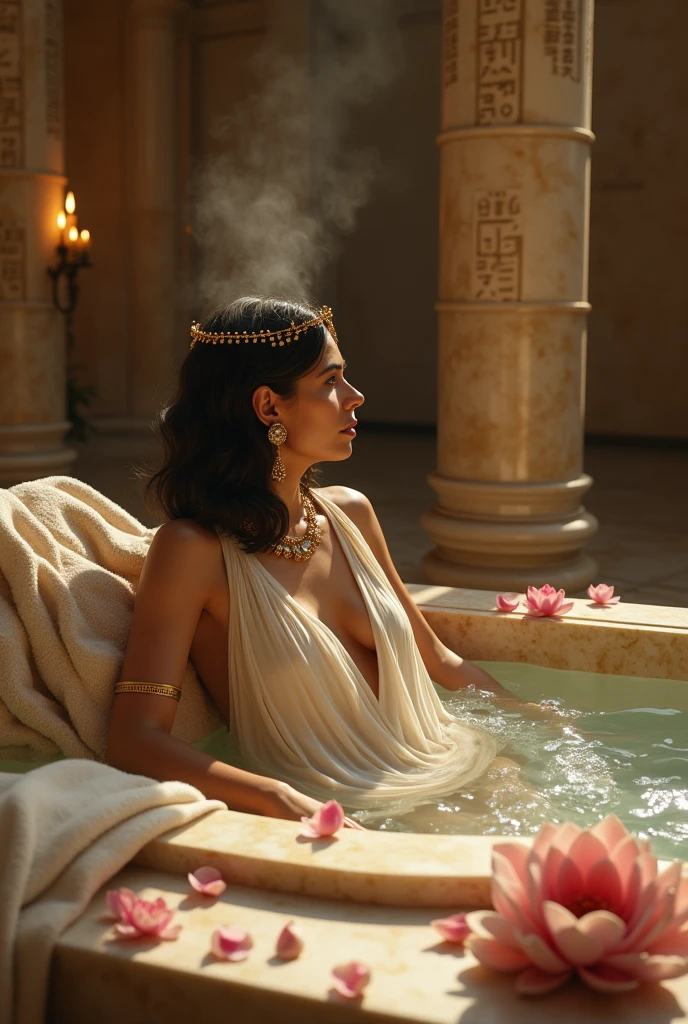 Generate an image of Cleopatra, resplendent in ancient Egyptian attire, reclining in a bath filled with creamy donkey milk. The soft glow of candlelight accentuates her radiant skin. hyper realistic