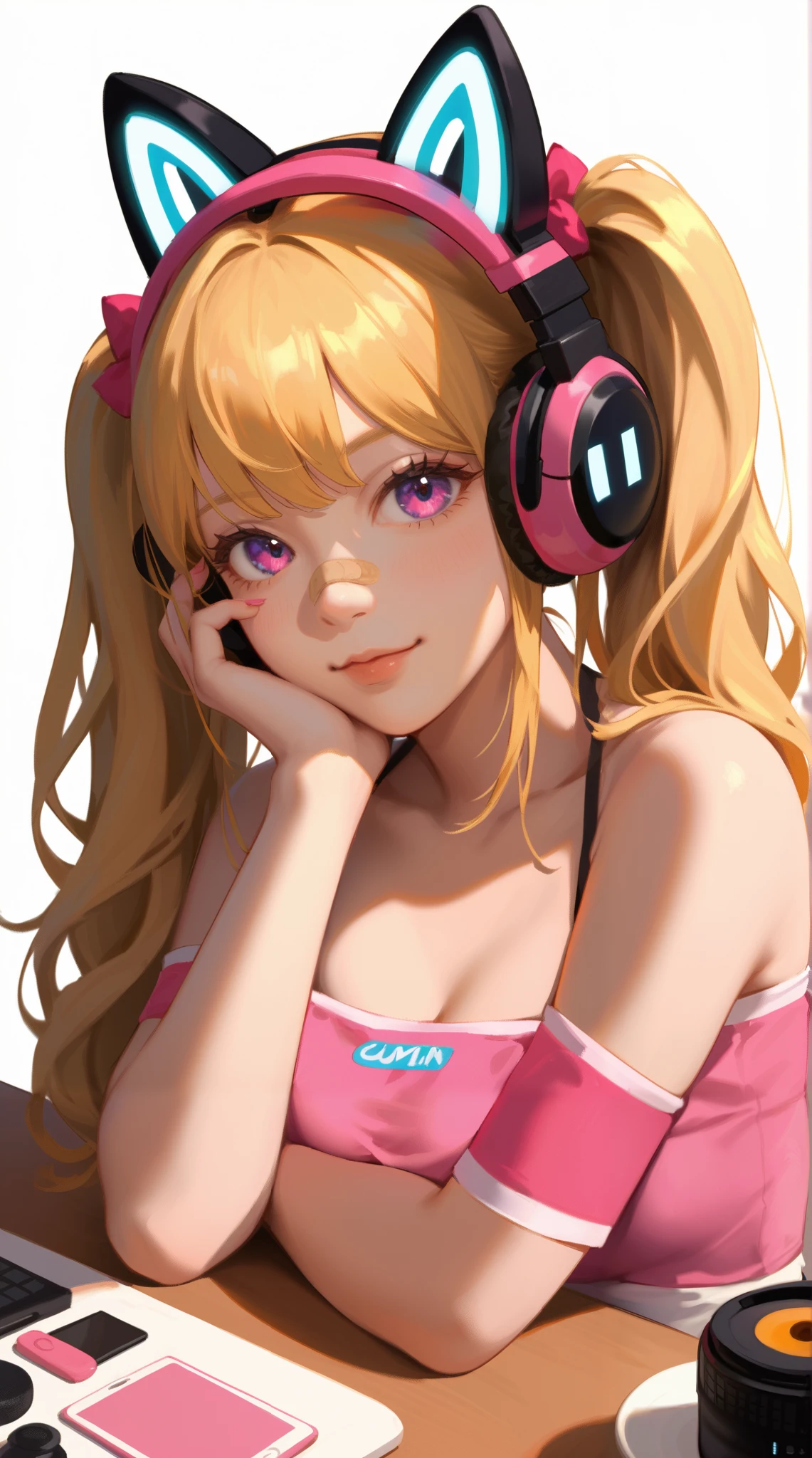  close-up of a young girl wearing headphones ,  golden hair with double ponytails  , Bangs cover forehead  ，  bare shoulders  ，30 degree sideways angle ，Support your chin with one hand ， In front of the camera is a table ， and lie down on the table，Palm holding face  ，  pink band-aid on the bridge of the nose  ，  anime style，Hand drawn thick paint style ，  with pronounced black strokes，UE5 Rendering，Lumen lighting rendering ， enhanced light and shadow texture