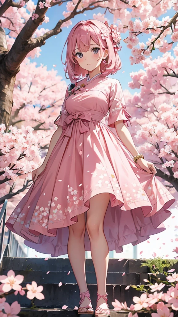 woman in pink dress、Standing Pose、Woman in pink dress decorated with cherry blossom petals 、Show the whole body