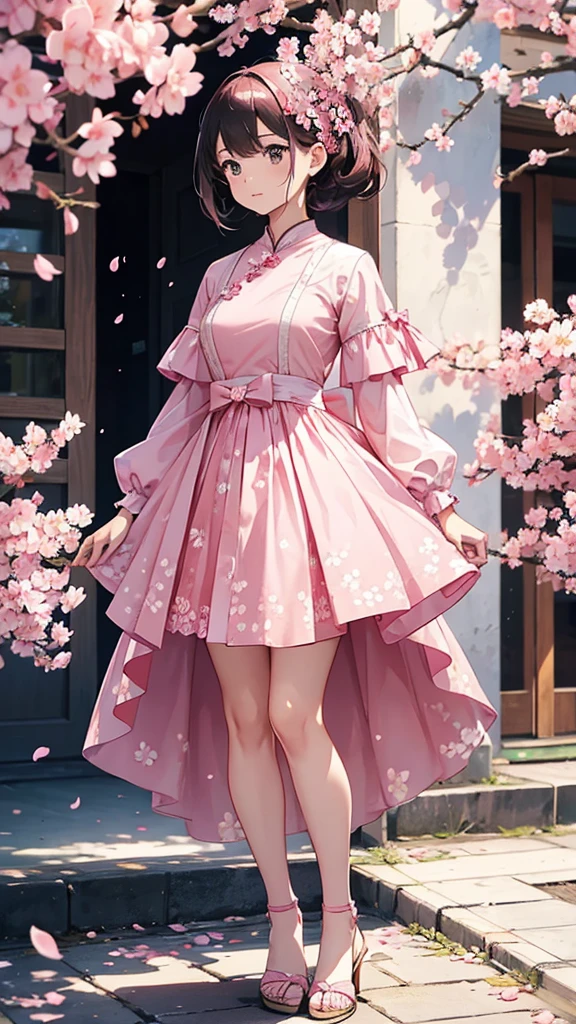 A woman in a fashionable pink dress、Standing Pose、Woman in pink dress decorated with cherry blossom petals 、Show the whole body