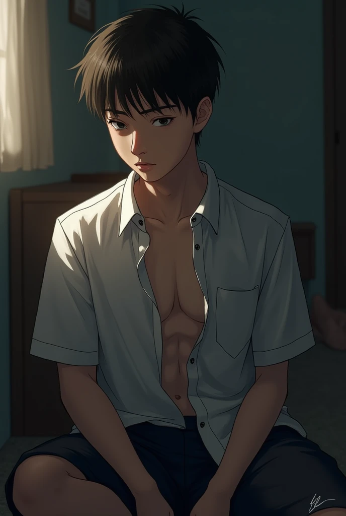 Cool guy、White shirt、Black Hair、Dark Eyes、nsfw、masturbation、Are standing、
