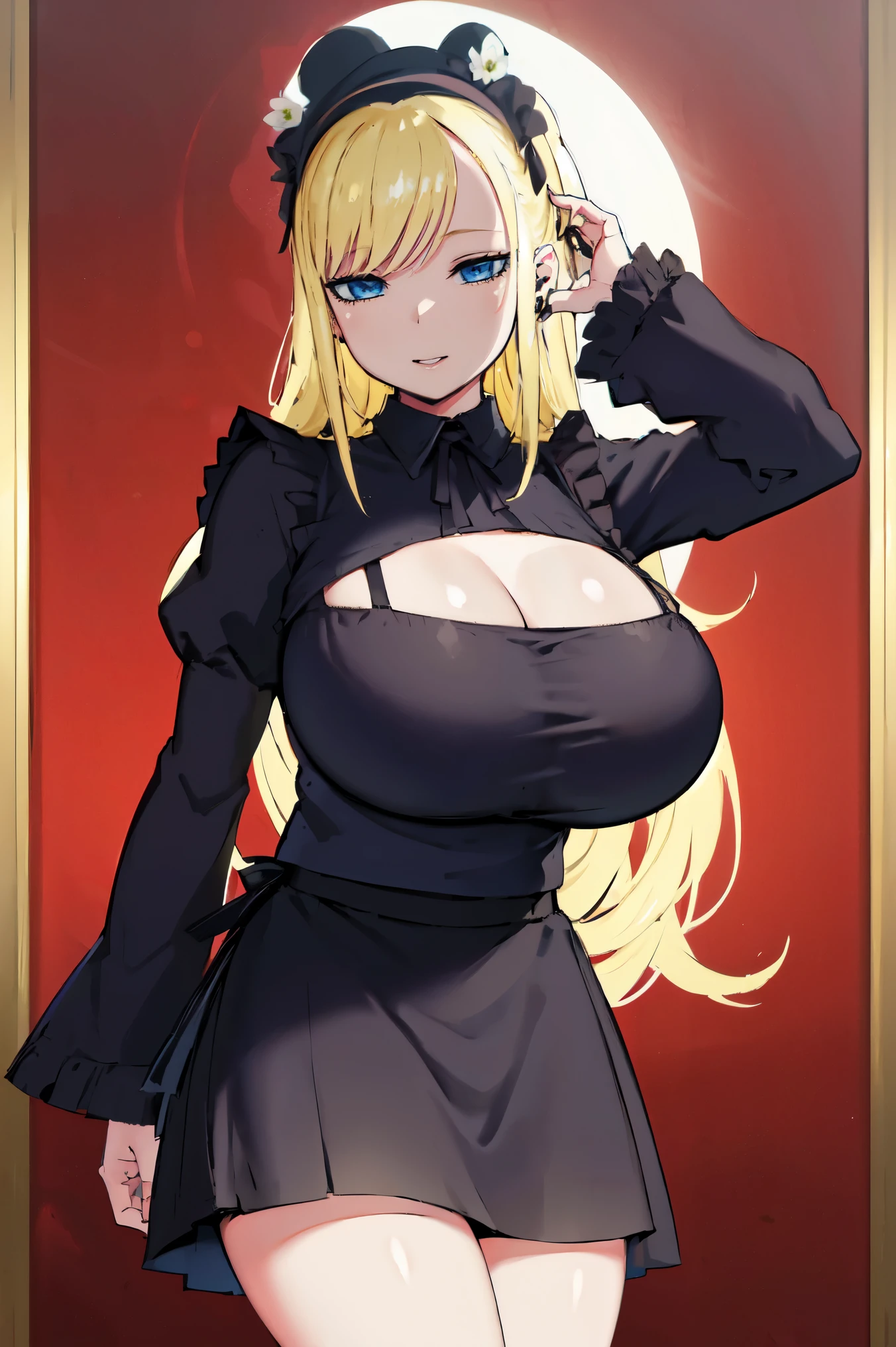 Blonde hair, very huge tits , (((black maid uniform, maid hat, long Sleeve, skirt))), (maid hat), thick, busty, blue eyes, long hair, upperbody, smile, cleavage,legs, thigh, flower garden