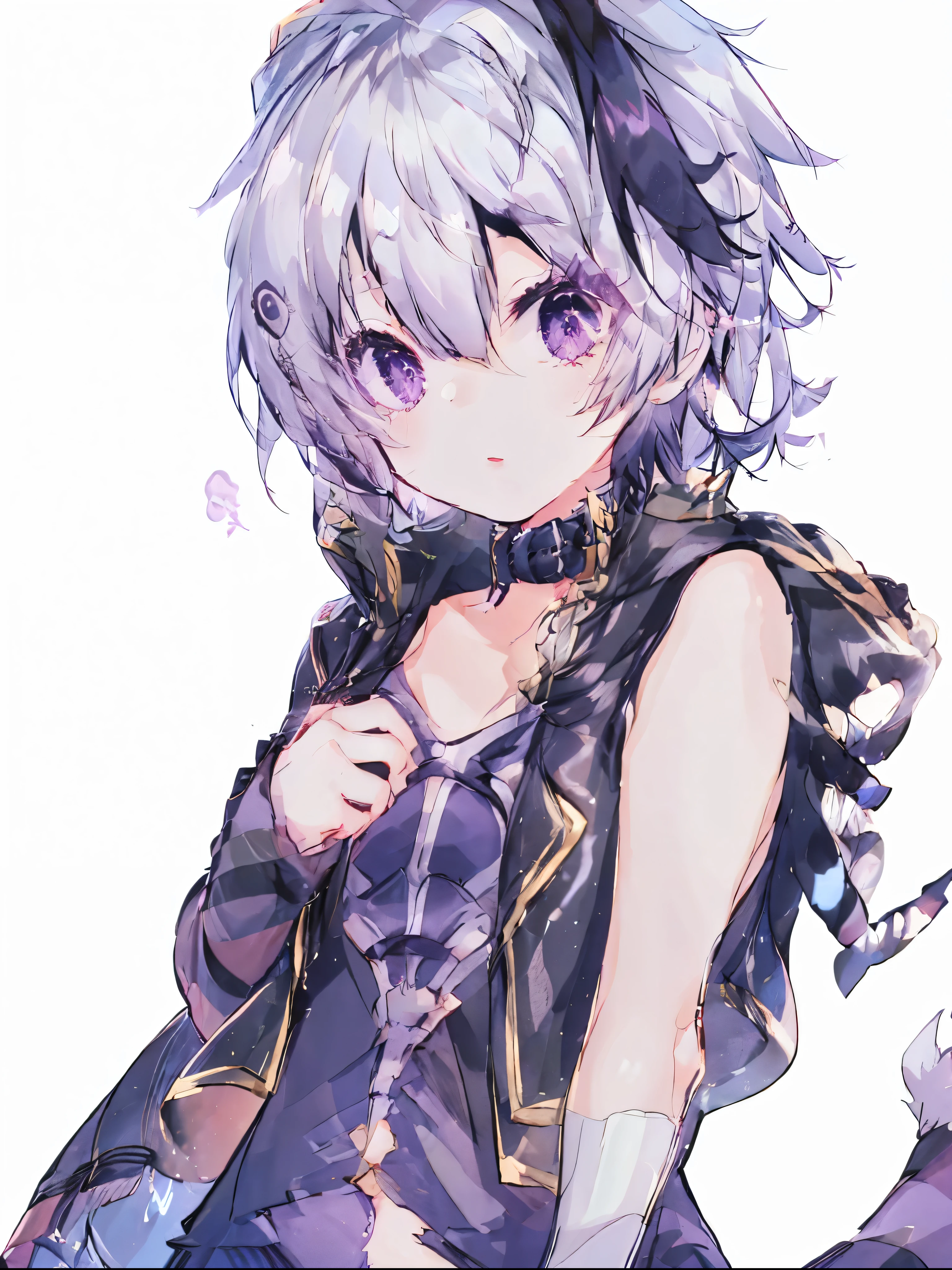  best quality、(a girl)、 cute、 short white hair 、 purple eyes、 white skin、High school girl、 vocaloid 、V flower、 upper body