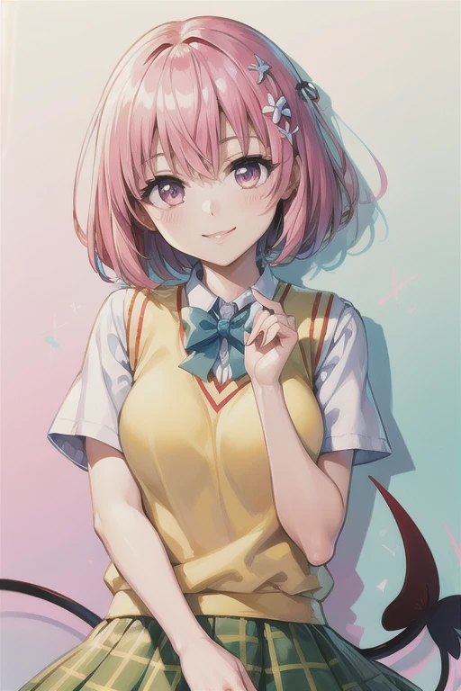 Momo Deviluke, Hair Flowers,  hair accessories,  purple eyes、  pink hair, short hair, Tail,demon Tail,  Sainan High School Uniform,  white shirt,  sweater vest, ( yellow vest :1.1), Short sleeve,  plaid skirt ,  green skirt, Short sleeve, best quality,light smile