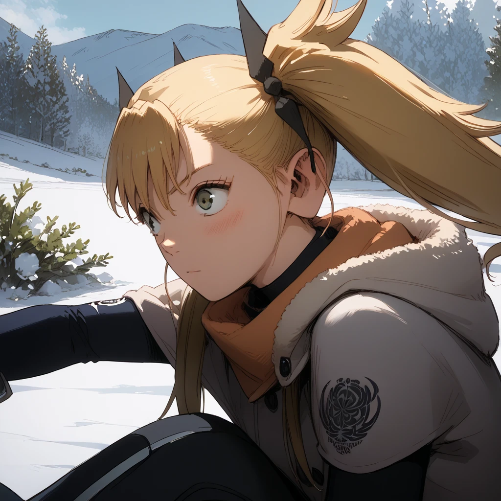 (masterpiece) (ultra_detailed) (best quality) shinomiya kikoru, 1girl, slim, fit, anime look, anime style, going skiing, snow, together, fast, fun, pov(from side),going exploring, going downhill