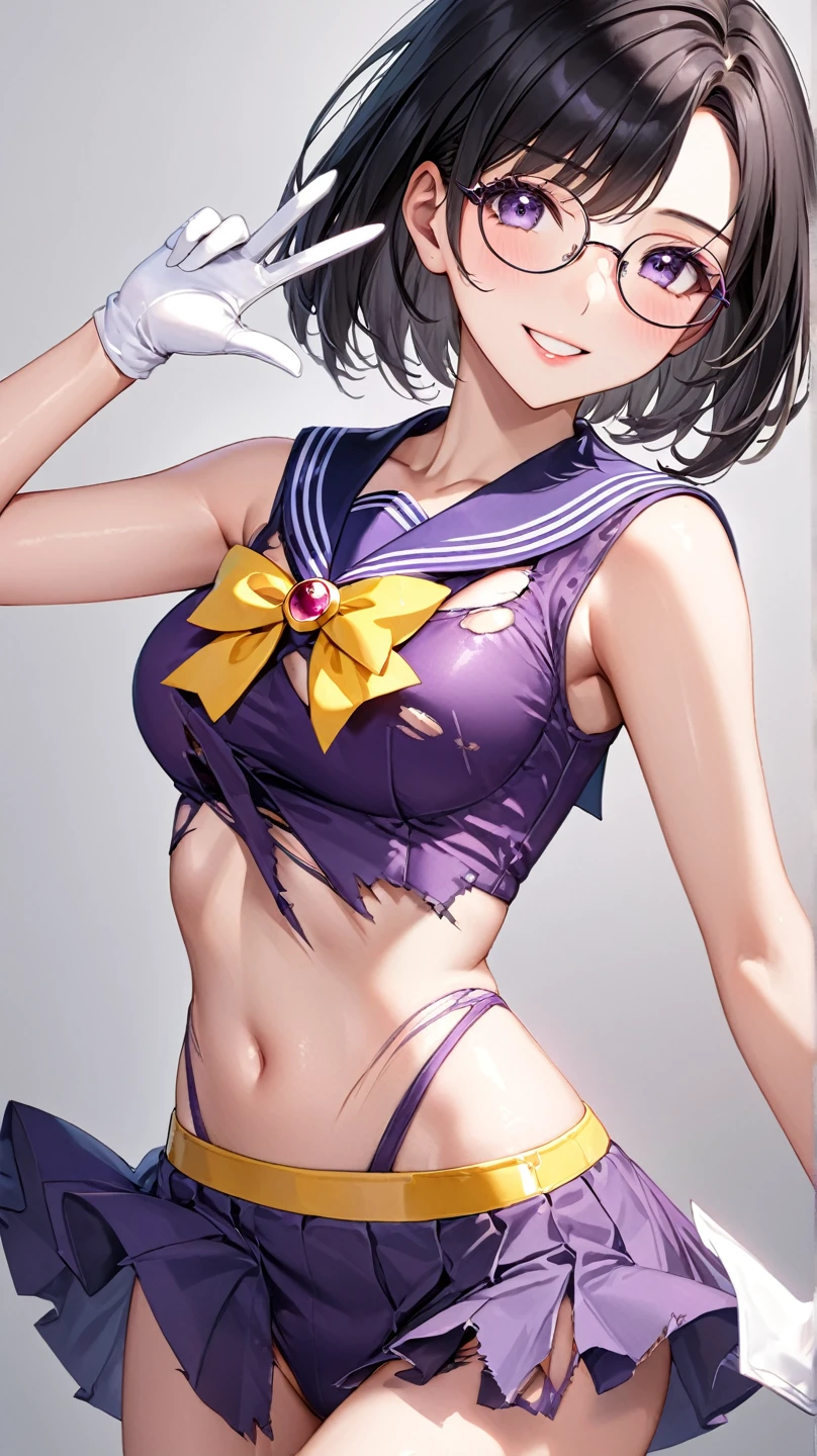 perfect anatomy, super detailed skin, masterpiece、 best quality、masterpiece,  Hi-Res, 8K quality,  perfect face,  girl, shiny skin, beautiful hair, beautiful face, beautiful detailed eyes,  Anime Style 、a girl、 beautiful eyes、black hair, purple eyes、Short bob cut、(sideburns), middle part, (small chest)、 slender、 tight waist 、(Round Glasses:1.1)、 beautiful face、happy smile, wink, one closed eye、red cheek, Cute Eye Makeup、Cute Lip Makeup、Perfect body line、(Torn clothes:1.5), (sailor senshi uniform, sleeveless, Purple Clothes, Bra, white glove, panties:1.2), thigh, v over eye, Contrapposto, dynamic angle, light gray Background, 