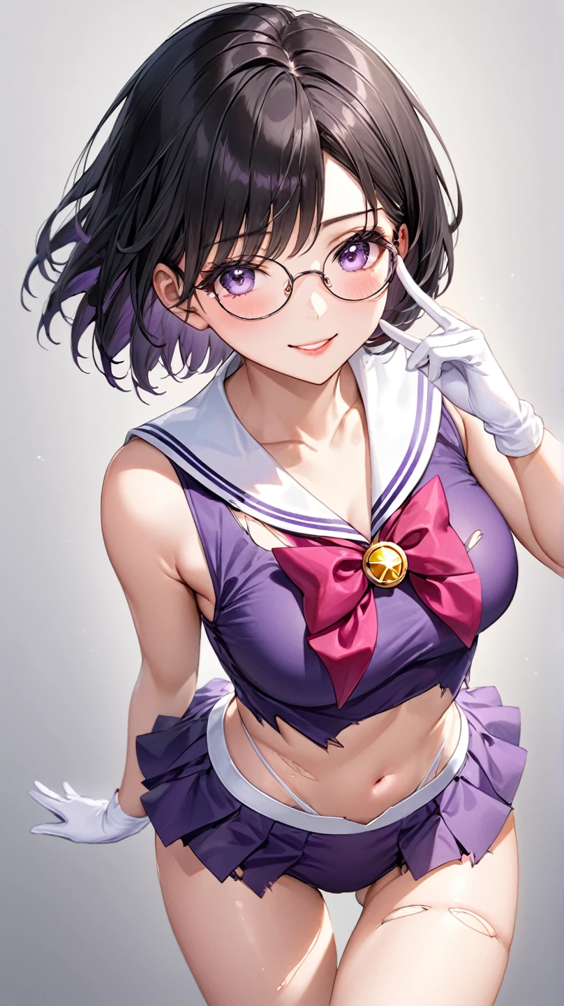 perfect anatomy, super detailed skin, masterpiece、 best quality、masterpiece,  Hi-Res, 8K quality,  perfect face,  girl, shiny skin, beautiful hair, beautiful face, beautiful detailed eyes,  Anime Style 、a girl、 beautiful eyes、black hair, purple eyes、Short bob cut、(sideburns), middle part, (small chest)、 slender、 tight waist 、(Round Glasses:1.1)、 beautiful face、happy smile, wink, one closed eye、red cheek, Cute Eye Makeup、Cute Lip Makeup、Perfect body line、(Torn clothes:1.5), (sailor senshi uniform, sleeveless, Purple Clothes, Bra, white glove, panties:1.2), thigh, v over eye, Contrapposto, dynamic angle, light gray Background, 