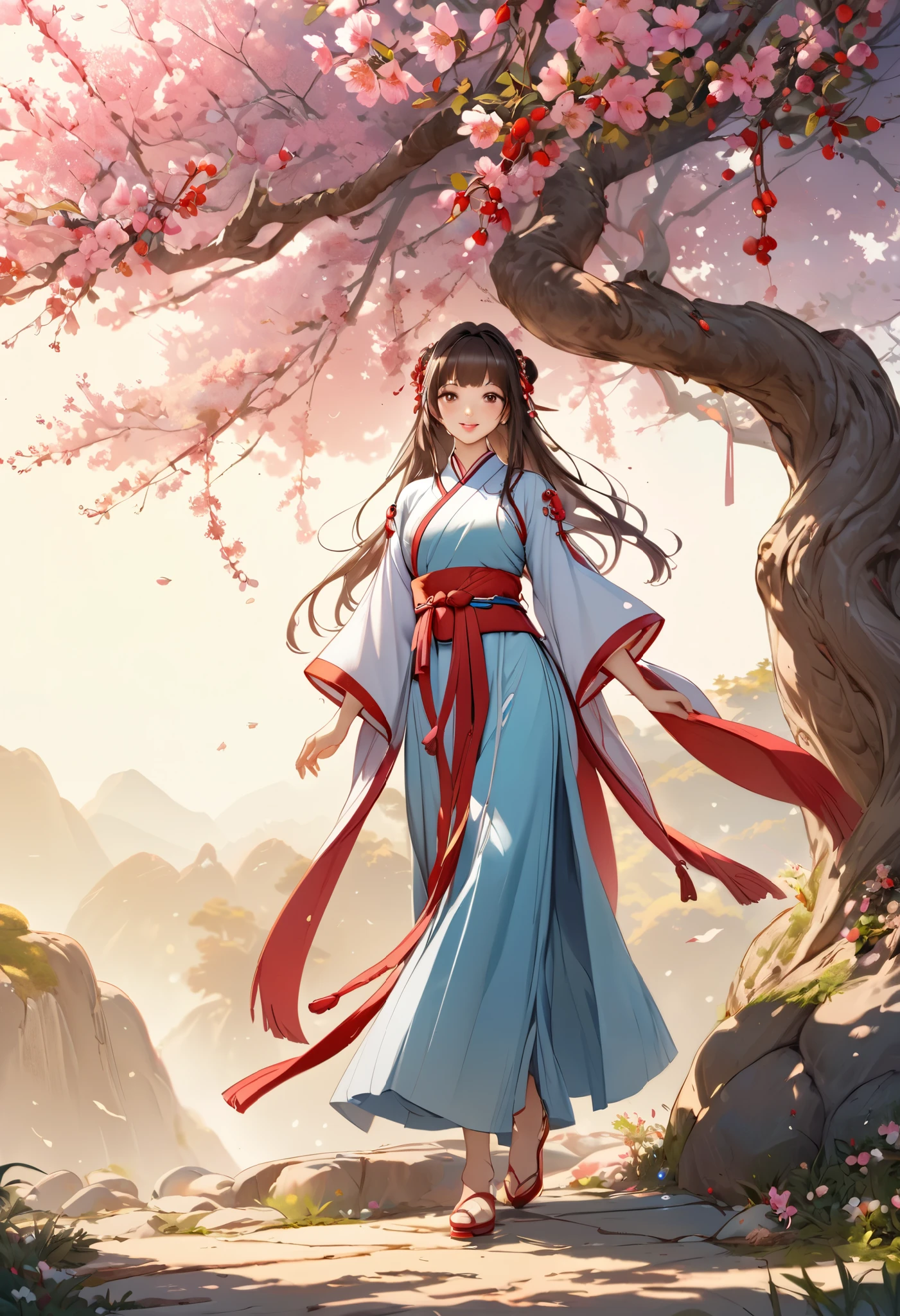 masterpiece,  super detail,  High Quality ,  very detailed, 8k wallpaper, A beautiful single daughter ,  ancient Chinese clothing , full body, Beautiful brown eyes,  pink lips, Beautiful nose, A neat and beautiful face,  looks at me and smiles gently , Mid-chest,  has an anatomically accurate and beautiful figure, Beautiful Skin, natural clean background , Sunshine, Wolfberry flower ,   next to a jujube tree  ,   detailed illustration art, 