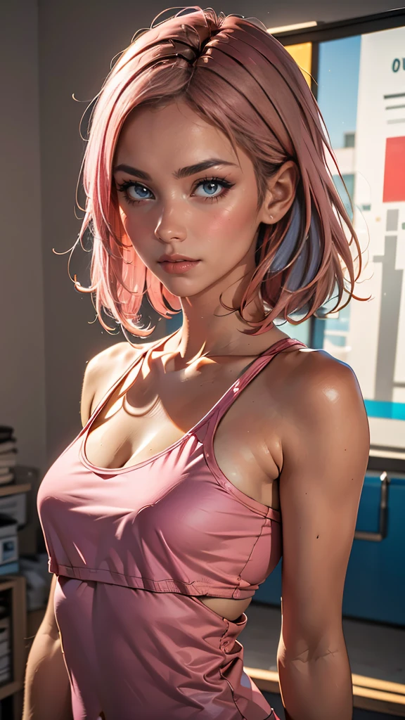 young woman, short shoulder-length pink hair, wide forehead, porcelain skin, pink eyebrows, big emerald green eyes, buttoned nose, full lips, heart-shaped face, slender body, small breasts, red tank top, Sakura Haruno , realistic, realism, details, 3d, well detailed