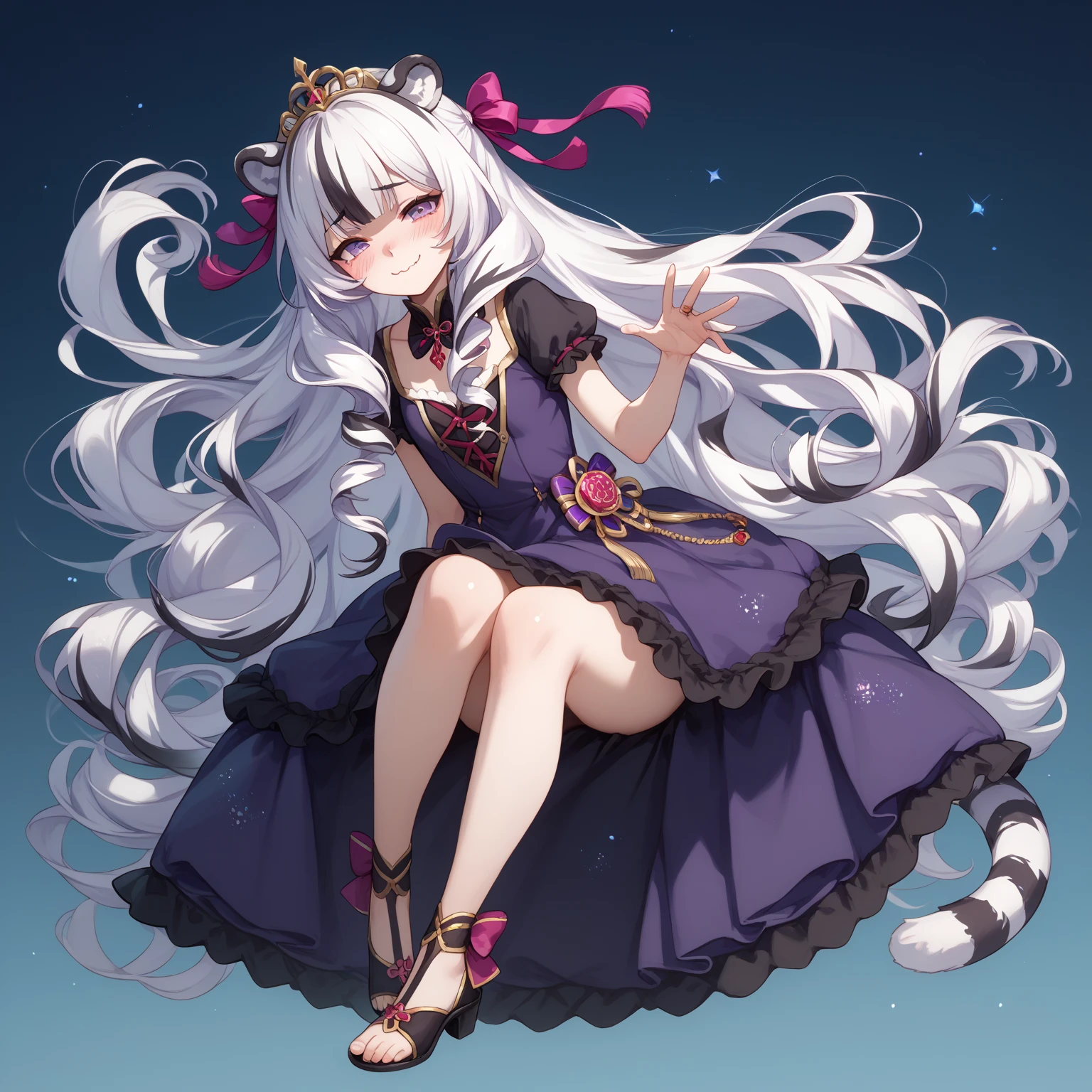 ((masterpiece)), 1girl, solo, very long hair, white tiger ears, white tiger tail, purple eyes, manic smile, full body, purple dress, black dress, multicolored dress, yandere, wavy mouth, blush, white hair, two-tone hair.