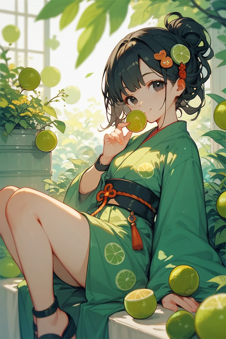 One girl, in a lime green kimono, black eyes, black hair, cute hair ornament