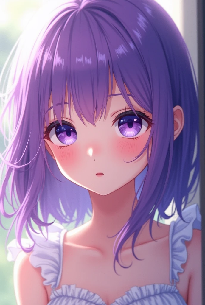 1girl, Blue eyes, Long Hair, Bangs, Purple Hair, Breasts, Smile, Blush, Light Smile, cat ears