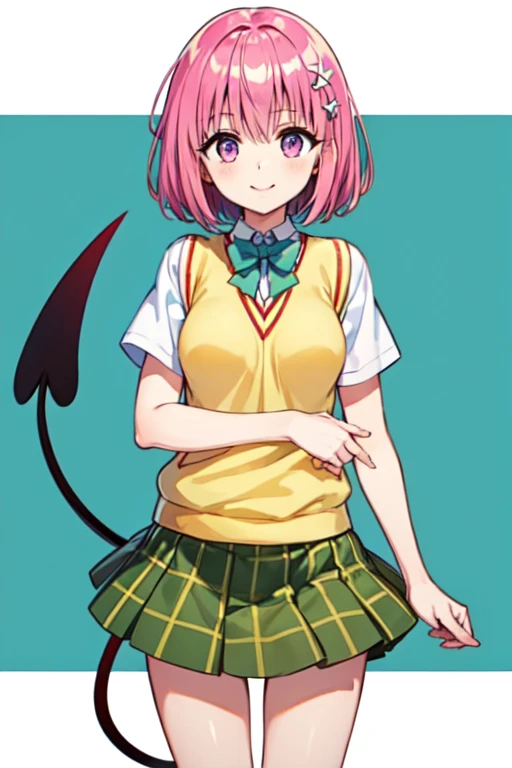 Momo Deviluke, Hair Flowers,  hair accessories,  purple eyes、  pink hair, short hair, Tail,demon Tail,  Sainan High School Uniform,  white shirt,  sweater vest, ( yellow vest :1.1), Short sleeve,  plaid skirt ,  green skirt, Short sleeve, best quality,light smile