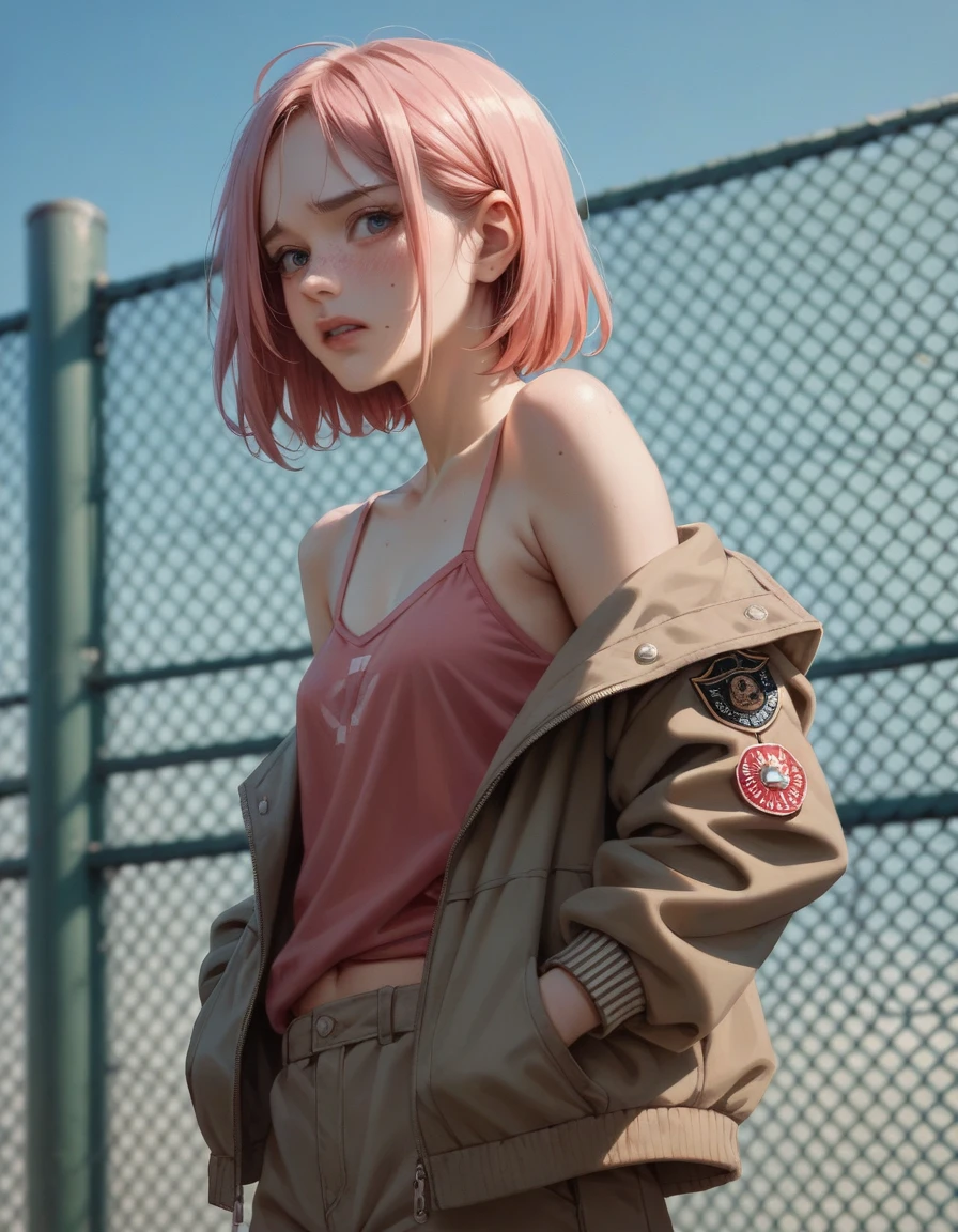 A Japanese woman . She has bruises all over her body. Pink hair.  Rusty metal fence , military jacket and camisole, embarrassed 