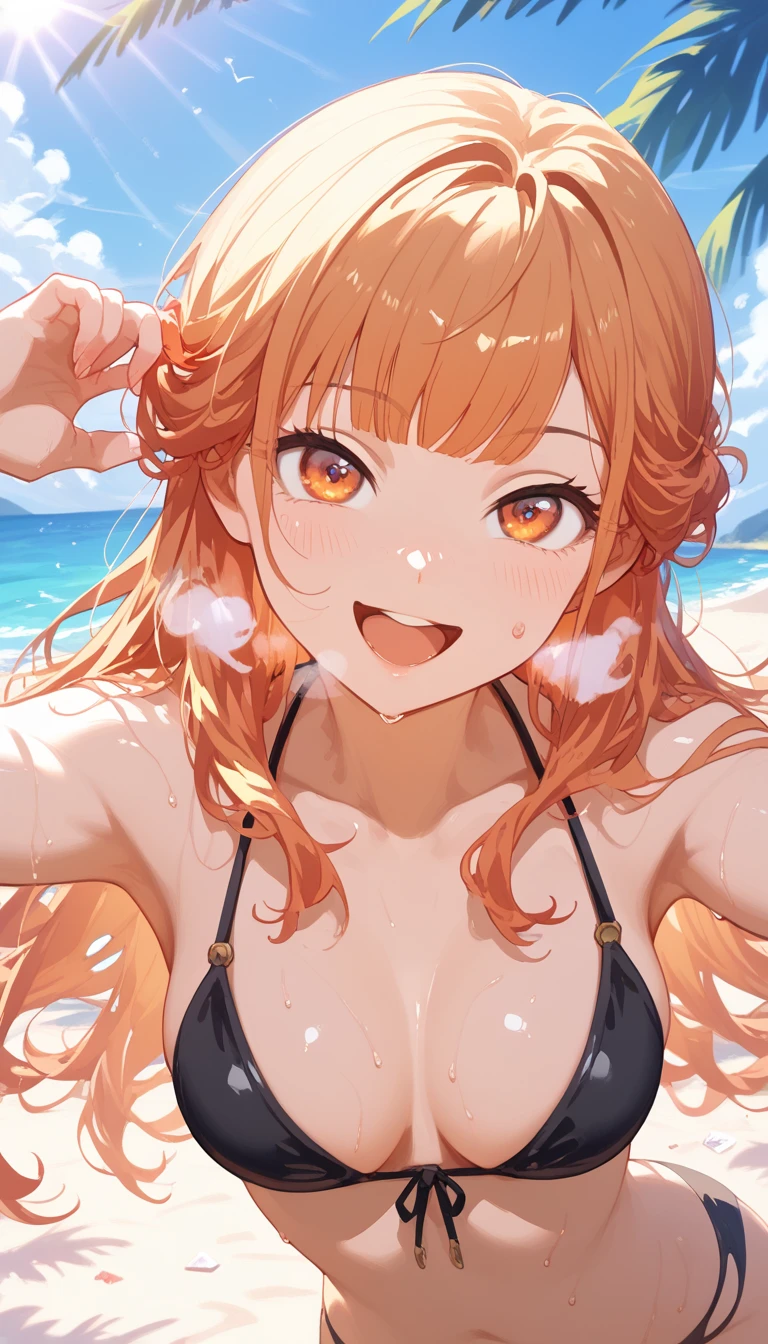  best quality, ultra high resolution, cute, beautiful face down to the smallest detail, human skin texture high resolution details, shiny skin,sweat,Heat, white breath ,Aru Rikuhachima, long hair, sexy pose , black bikini outdoors,Seaside,sunlight,whole body,smile, winks,stand,Squint your eyes, tilt your neck,Side-show pose,Big eyes,Open your mouth,