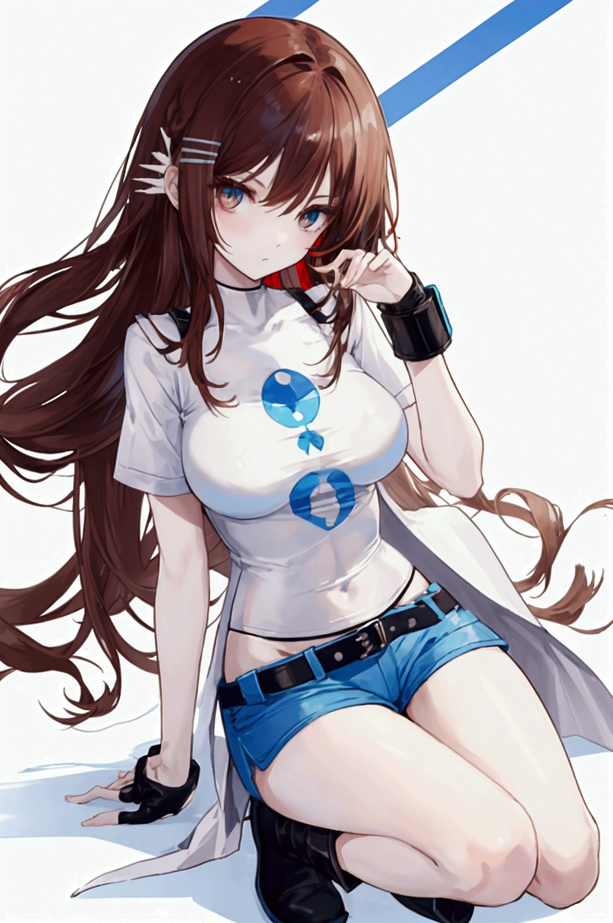 whole body,Cool beautiful girl, slim figure without arms、 SOFT WHITE COAT,Sky Blue T-Shirt、 black hotpants,Leather boots、Cool Summer,Slightly pale skin,Bright brown eyes,Red brown hair color(Semi-D), hairpin
