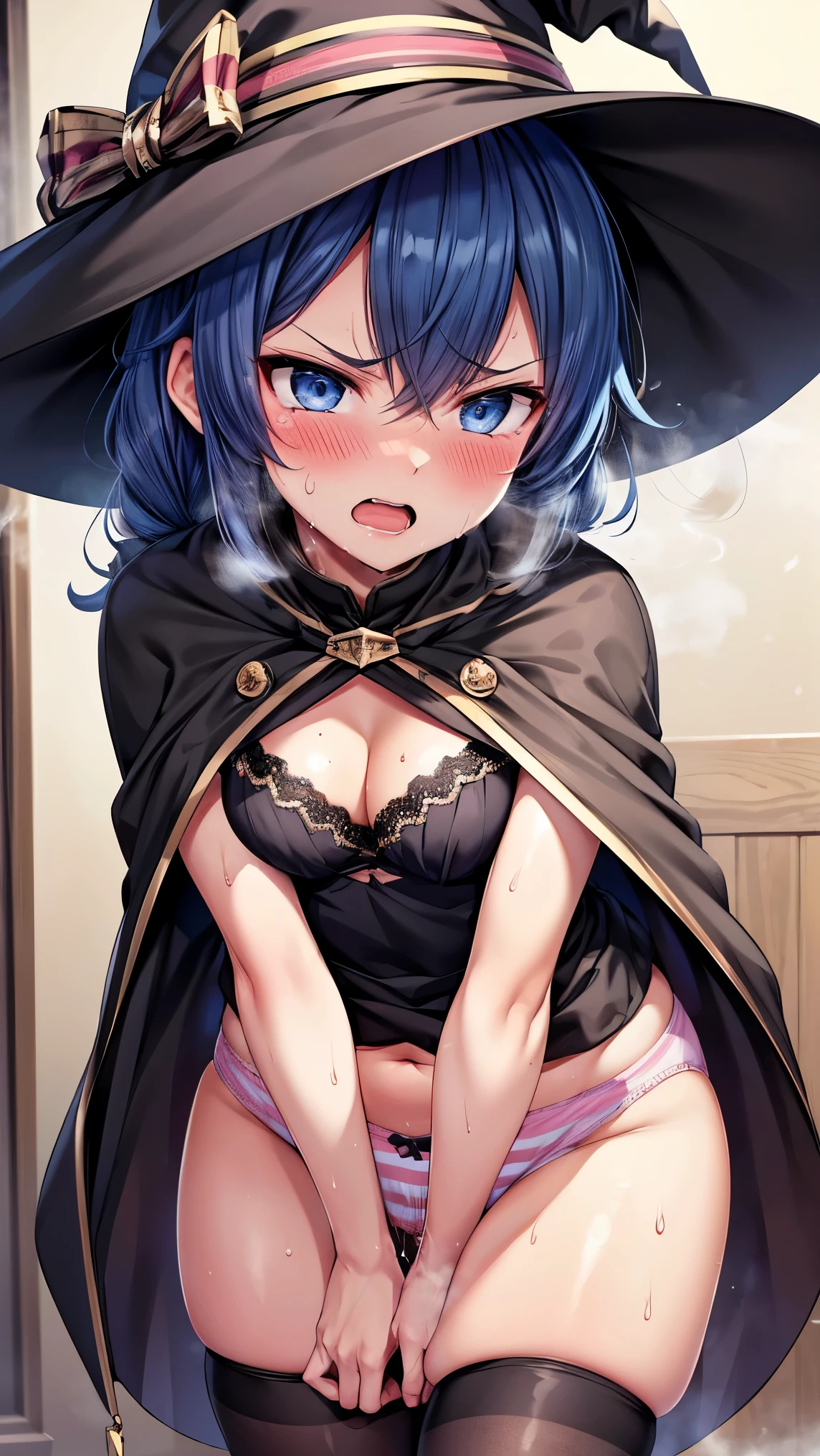 best quality,1girl,(small breasts,li),((orgasm,blush,sweat,steam,glaring:1.3)),tears,short eyebrows, upturned eyes, (roxy migurdia), blue eyes, blue hair, bangs, brown cape, witch hat, braid,mini skirt,black thighhighs,lift skirt,pink panties,(striped panties),cleavage,fantasy,walking,standing,covering crotch,knees together feet apart,((hand between legs)),trembling,hunched over,have to pee,(pussy juice:1.1)