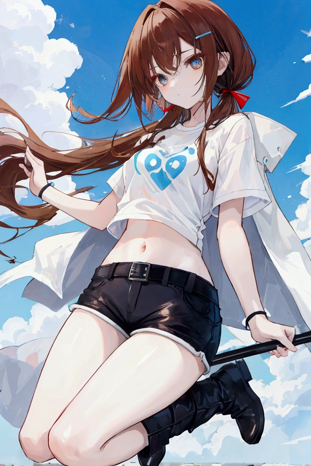 whole body,Cool beautiful girl, slim figure without arms、 SOFT WHITE COAT,Sky Blue T-Shirt、 black hotpants,Leather boots、Cool Summer,Slightly pale skin,Bright brown eyes,Red brown hair color(Semi-D), hairpin
