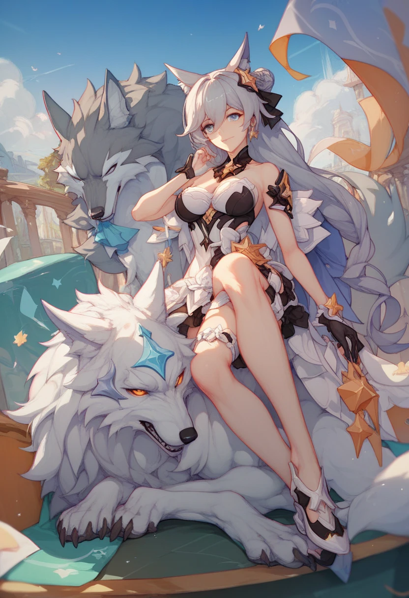 ((Masterpiece)), (Best Quality), Solo, miosha1, hair ornament, ponytail, wolf tail, swimsuit, white shorts, thigh strap, black jacket, leaf print, collar, string bikini, (NSFW:1.2)