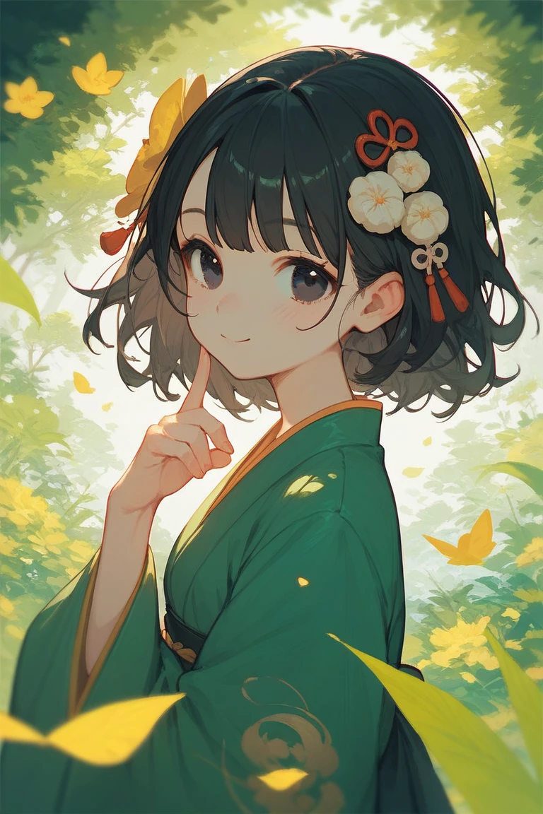 One girl, in a yellow green kimono, black eyes, black hair, cute hair ornament