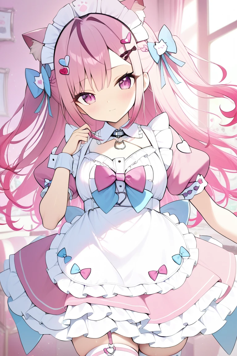 1girl,solo,sakuna,pink eyes,Beautiful Eyes,:3,pink hair,animal ears,maid headdress,thigh highs,puffy short sleeves,cat like ears,dress,apron, white apron,long hair,two side up,light blue bow,hair ornament,puffy sleeves,short sleeves,pink dress,wrist cuffs,pink bow,sakuna,sakunaXL,maid headdress,puffy short sleeves,dress,white apron,light blue bow,hair ornament,puffy sleeves,short sleeves,pink dress,wrist cuffs,pink bow,hair ornament,Official Costumes,(masterpiece,best quality,very aesthetic,ultra detailed),intricate details,pink heart background