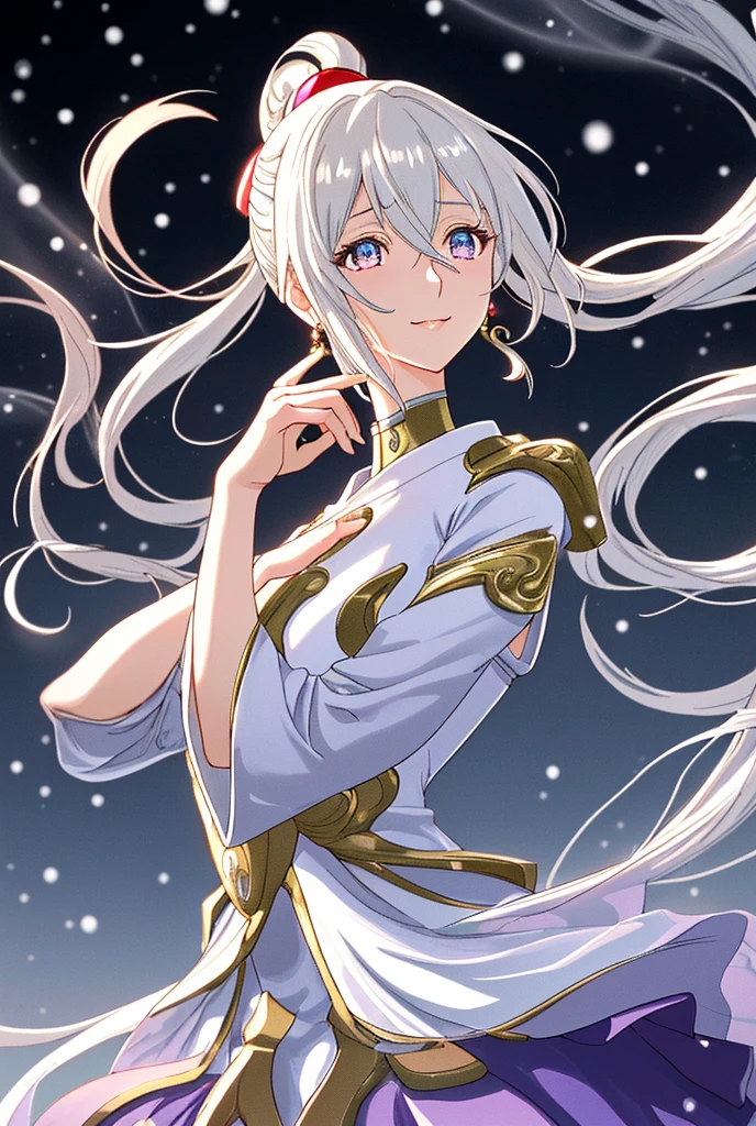 Anime style, one of the Sentai heroes, Sentai heroine, costume, shiny pink on a silver base, the Sentai helmet cracks to reveal a beautiful figure, eye-catching anime style Violet Evergarden style (masterpiece), super beautiful, shiny hair (high quality), (beautifully detailed face), ((beautifully detailed eyes))), (beautiful and beautiful hands), ((highly detailed CG))), (((8k_wallpaper))), beautiful hands, | Snow-white and transparent skin texture))), glitter, lens flare, light leak, ((wavy)), dynamic angle, floating feeling, beautiful eyes with every detail, ((overexposed)), "Princess Kaguya is a legendary beauty who appears in Japanese folklore. Amazingly exquisite and breathtakingly beautiful. Her calm yet mysterious expression is timeless and mysterious.French chest ,  crescent earrings,  glitter effect,  cute smile、slightly upward-looking ponytail,  bangs between my eyes, 