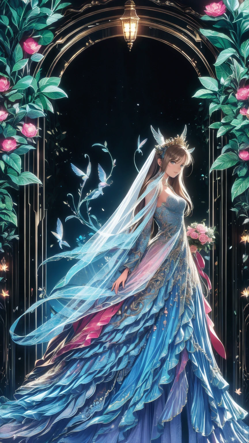  a woman in a wedding dress stands in front of a flower arch , とても魔法的でDreamy, Luxury Wedding, Dreamyおとぎ話,  Rich Pastel Color Palette , 幻想的でDreamyテーマ,  a long, luxurious flowing gown , Dreamy詳細,  fantasy style long intricate gown , Long luxurious complex gown, fairy tale setting:,  soft elegant gown , In a whimsical fairytale forest , Dreamy、Fantastic、 a woman in a white dress stands in front of a building with lots of flowers,  anime fantasy artwork,  anime fantasy illustration ,  Beautiful Artwork Illustrations, Beautiful anime artwork, Exquisite digital art,  Complex and Decorative Anime CGI Style ,  animated art nouveau space display , Beautiful anime art,   Beautiful Digital Artwork  ,  Beautiful fantasy anime ,  Detailed Anime Art ,  detailed digital anime art, Dreamyサイケデリックアニメ