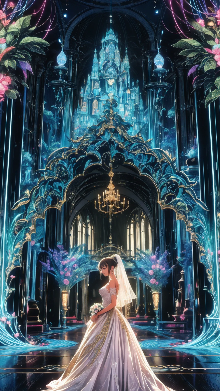  a woman in a wedding dress stands in front of a flower arch , とても魔法的でDreamy, Luxury Wedding, Dreamyおとぎ話,  Rich Pastel Color Palette , 幻想的でDreamyテーマ,  a long, luxurious flowing gown , Dreamy詳細,  fantasy style long intricate gown , Long luxurious complex gown, fairy tale setting:,  soft elegant gown , In a whimsical fairytale forest , Dreamy、Fantastic、 a woman in a white dress stands in front of a building with lots of flowers,  anime fantasy artwork,  anime fantasy illustration ,  Beautiful Artwork Illustrations, Beautiful anime artwork, Exquisite digital art,  Complex and Decorative Anime CGI Style ,  animated art nouveau space display , Beautiful anime art,   Beautiful Digital Artwork  ,  Beautiful fantasy anime ,  Detailed Anime Art ,  detailed digital anime art, Dreamyサイケデリックアニメ