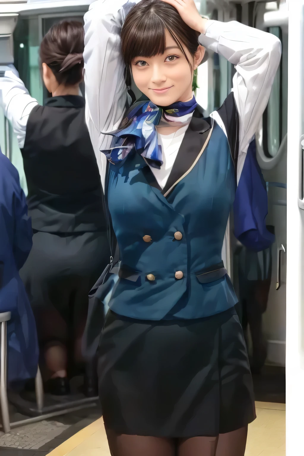 (masterpiece:1.2,  best quality:1.2), 32kHDR,  kampala, (Alone、  1 girl)、（What is 、 Professional Lighting）、In-flight background、（Nankai Train crew uniformを着たリアルなスタイル）、（（  Nankai Train Crew Uniform Collarless Blouse Long Sleeve 、Black Curly Culotte Skirt 、Scarf around the neck））、 Dark brown hair 、（ Long Hair、Hair tied up、Hair tied up）、 Dark brown hair 、 Long Hit 、Big Breasts、Thin legs、（（Great hands：2.0）），（（  Harmonious Body Proportions ：1.5）），（（Normal limbs：2.0）），（（Usually refers to：2.0）），（（ DELICATE EYES FULL OF DECISION：2.0）），（（Normal eyes：2.0））)、smile、（Nankai Train crew uniformを着た美しい姿）、Hands clasped underneath