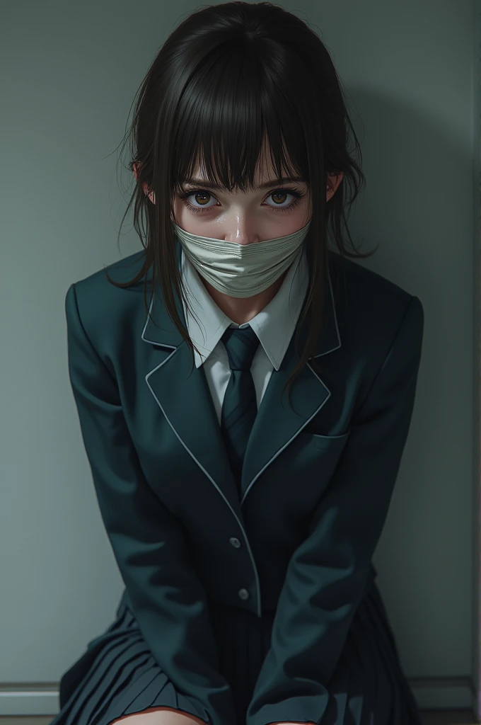 a japanese woman tied to a tree with ropes, (hands tied behind the back), tape gagged, necktie, dark blazer and white shirt, (crying), teary eyes, park