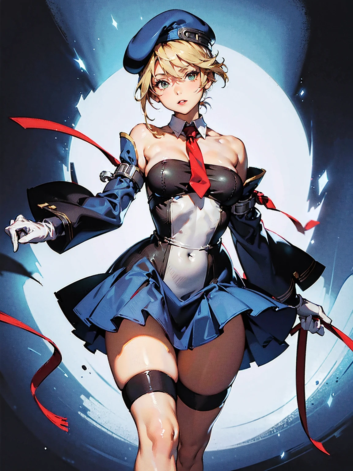 (masterpiece,  best quality,  Hi-Res), pin-up shot that makes your hips pop,  1 girl, Noel, Thigh length,   boots, beret, tie,  detachable sleeve,  short hair, black Thigh length, ribbon, Gloves,  dress, Absolute territory,  bare shoulders, short  dress, Hip Sway, Hips stick out, Default Lyn with hands on back ,