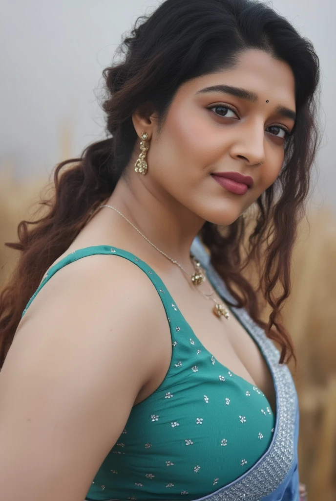 from bottom view, long shot photo of sexy indian, look at viewer and subtle smile, curvy athletic figure, open arms, sexy armpits, sweating, doing push ups in fog, ponytail, necklace, white see through lace bra, blue and green  saree with low necked blouse, glossy lips, (cinematic:1.3), intricate details, (ArtStation:1.2)