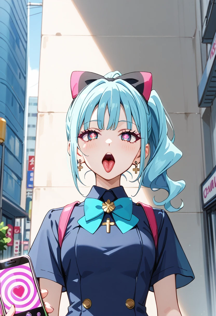  score_9,      score_8_up,      score_7_up,      score_6_up,      score_5_up,      score_4_up, sauce_Anime, tag1, Tag 2, woman 1人,woman, adult,  one girl ,  Light blue hair, Alone, hypnotism, Brainwashed, Telephone, heart, eyeのシンボル, evaluation_i doubt it, Mischievous face,  rolling_eye, cross-eye,  ahehe,   opening your mouth and sticking out your tongue , cowboy shots, nsfw, villain, Hatena Manku Lots ,    looking out over the audience seats   , the way,   Skyscraper ,   knight , dark,  latex leotards to wear under a business suit,Bow-legged, masterpiece,  best quality animation with wide crotch opening，High-quality images,